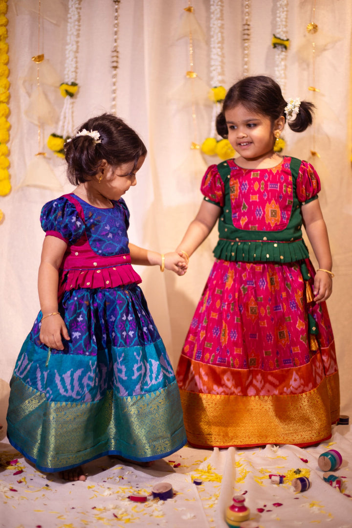 Sapphire Blue Ikkat print Lehenga and Top Set of Girl Kid | Made To Order