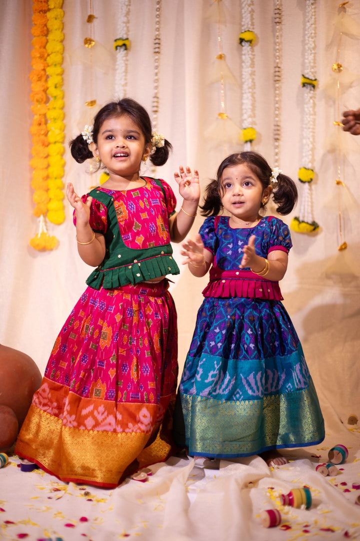 Sapphire Blue Ikkat print Lehenga and Top Set of Girl Kid | Made To Order