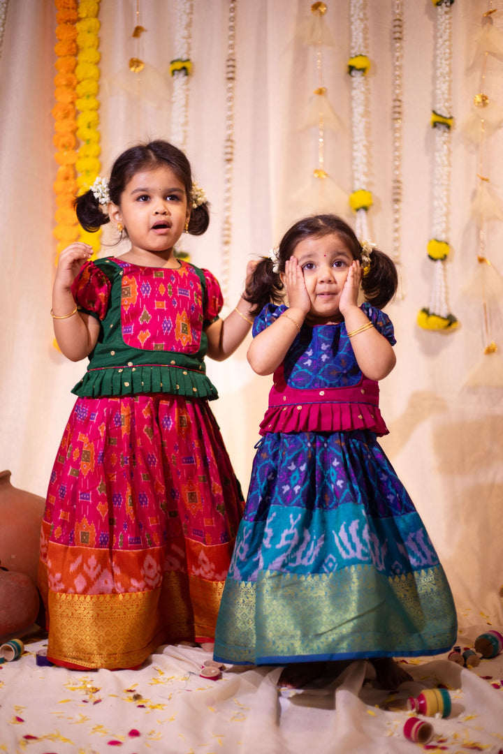 Sapphire Blue Ikkat print Lehenga and Top Set of Girl Kid | Made To Order