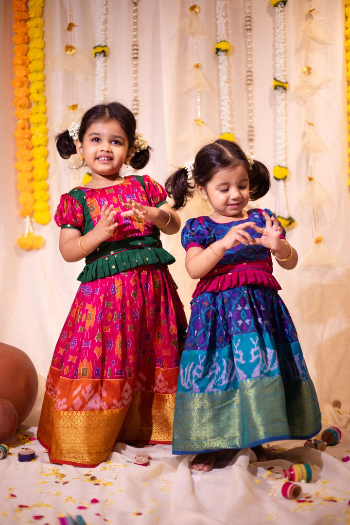 Sapphire Blue Ikkat print Lehenga and Top Set of Girl Kid | Made To Order