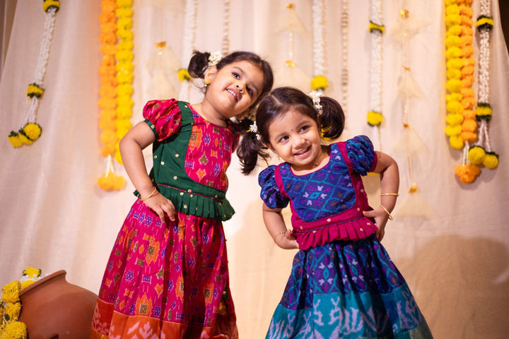 Sapphire Blue Ikkat print Lehenga and Top Set of Girl Kid | Made To Order