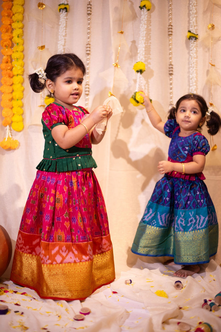 Sapphire Blue Ikkat print Lehenga and Top Set of Girl Kid | Made To Order