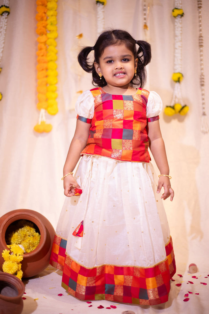 Ivory and Multicolor Girl Kid Lehenga and Top 2 Piece Set, Made to Order