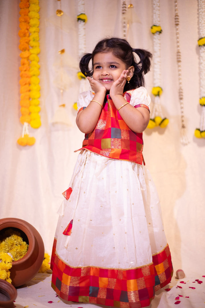 Ivory and Multicolor Girl Kid Lehenga and Top 2 Piece Set, Made to Order