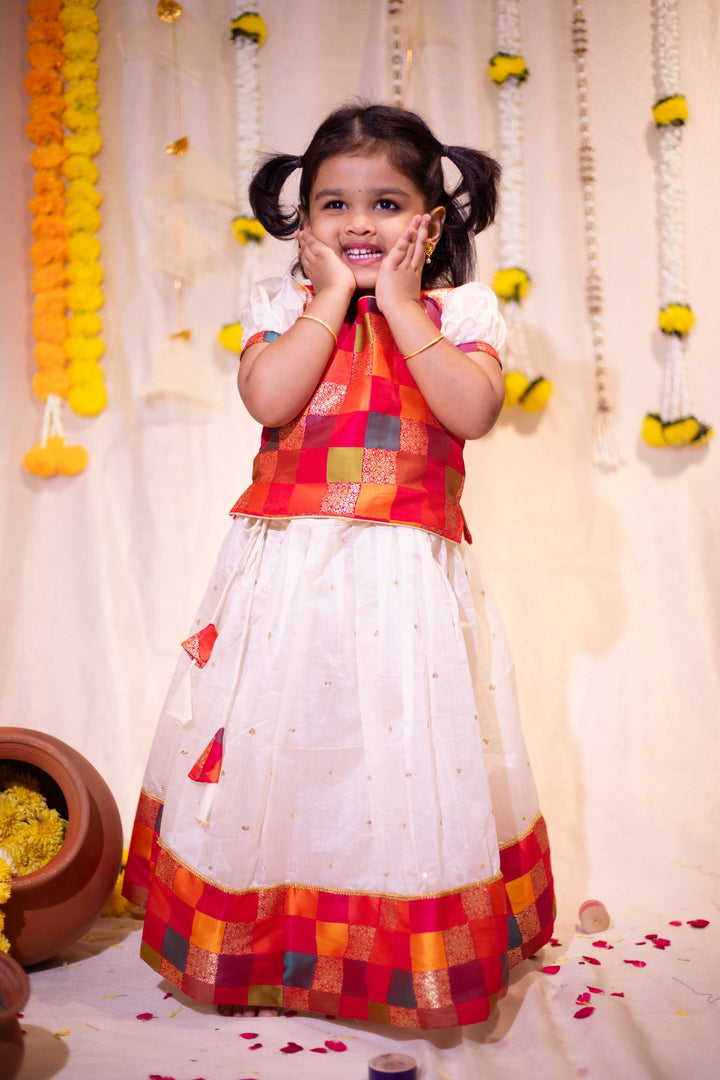 Ivory and Multicolor Girl Kid Lehenga and Top 2 Piece Set, Made to Order