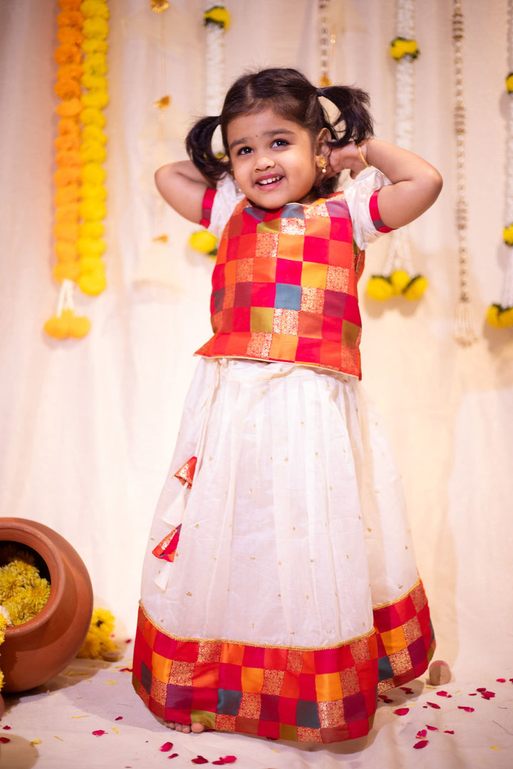 Ivory and Multicolor Girl Kid Lehenga and Top 2 Piece Set, Made to Order