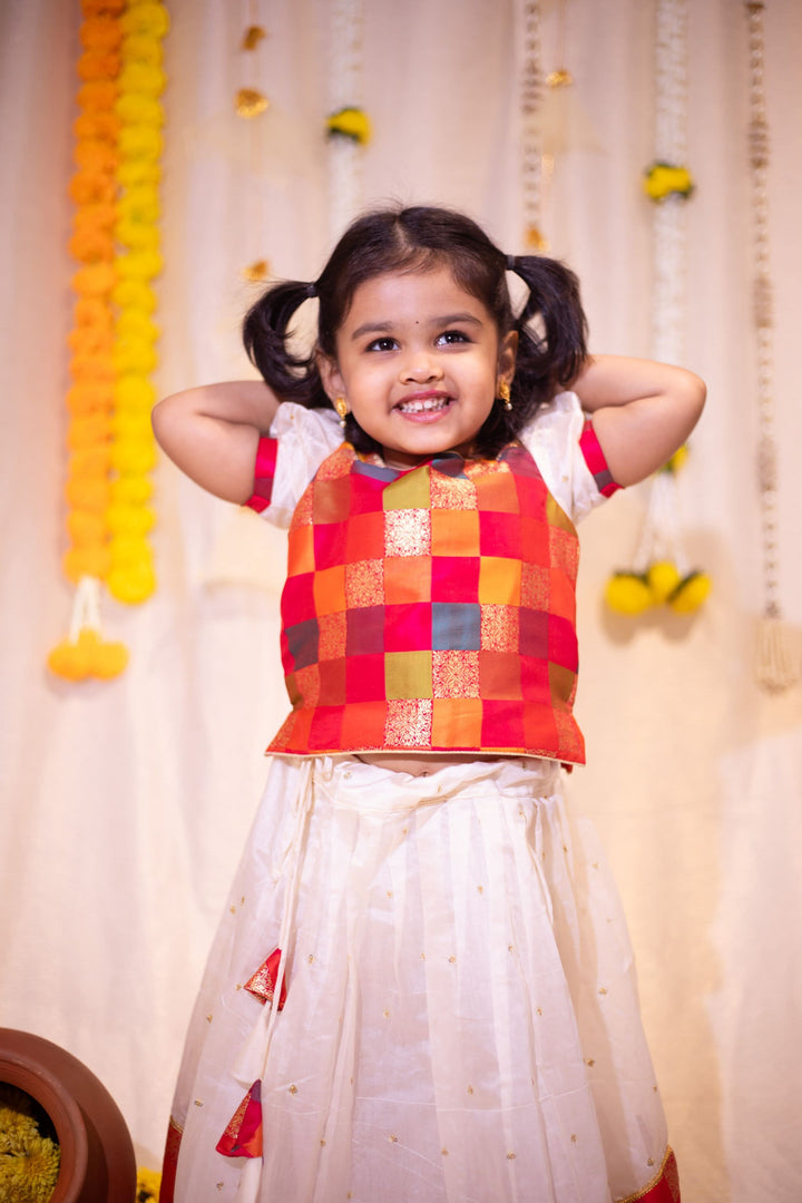 Ivory and Multicolor Girl Kid Lehenga and Top 2 Piece Set, Made to Order