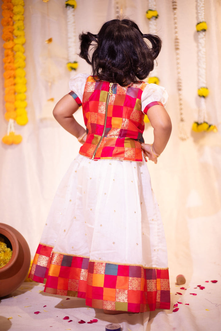 Ivory and Multicolor Girl Kid Lehenga and Top 2 Piece Set, Made to Order