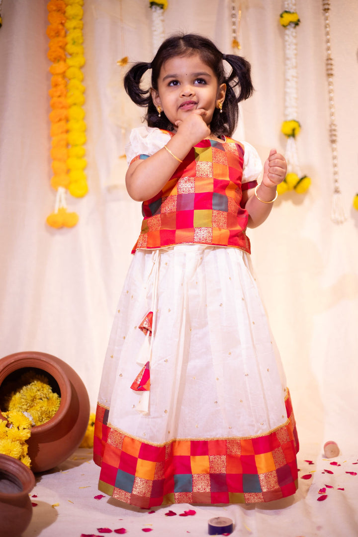 Ivory and Multicolor Girl Kid Lehenga and Top 2 Piece Set, Made to Order
