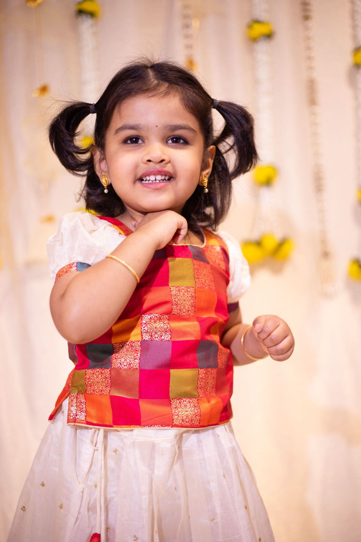 Ivory and Multicolor Girl Kid Lehenga and Top 2 Piece Set, Made to Order