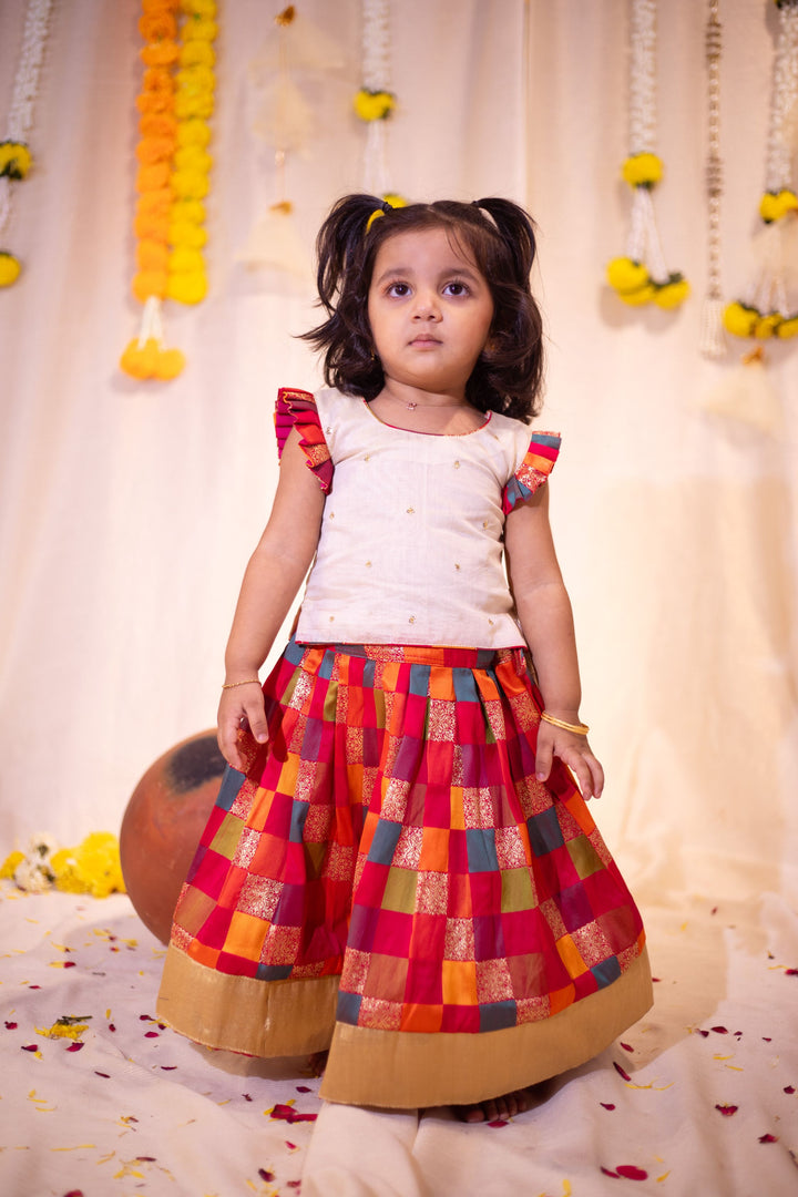 Made to Order-Vamsi White Top with Multicolor Skirt Mini