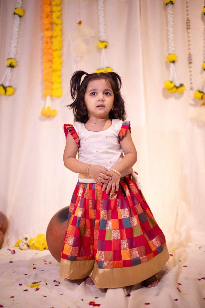Made to Order-Vamsi White Top with Multicolor Skirt Mini