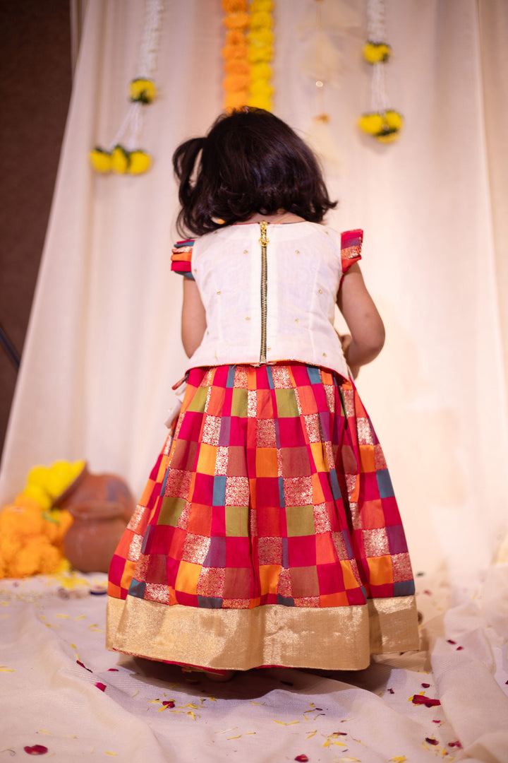 Made to Order-Vamsi White Top with Multicolor Skirt Mini
