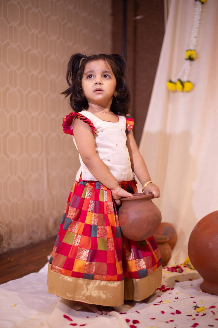 Made to Order-Vamsi White Top with Multicolor Skirt Mini