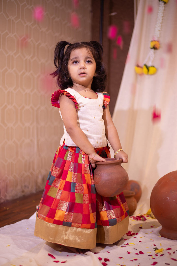 Made to Order-Vamsi White Top with Multicolor Skirt Mini