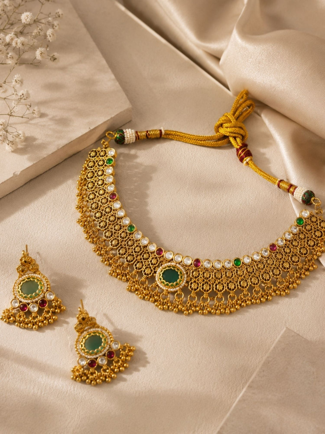 Green Stone Choker Necklace Set in Gold Plating – Bridal | SHOBITAM