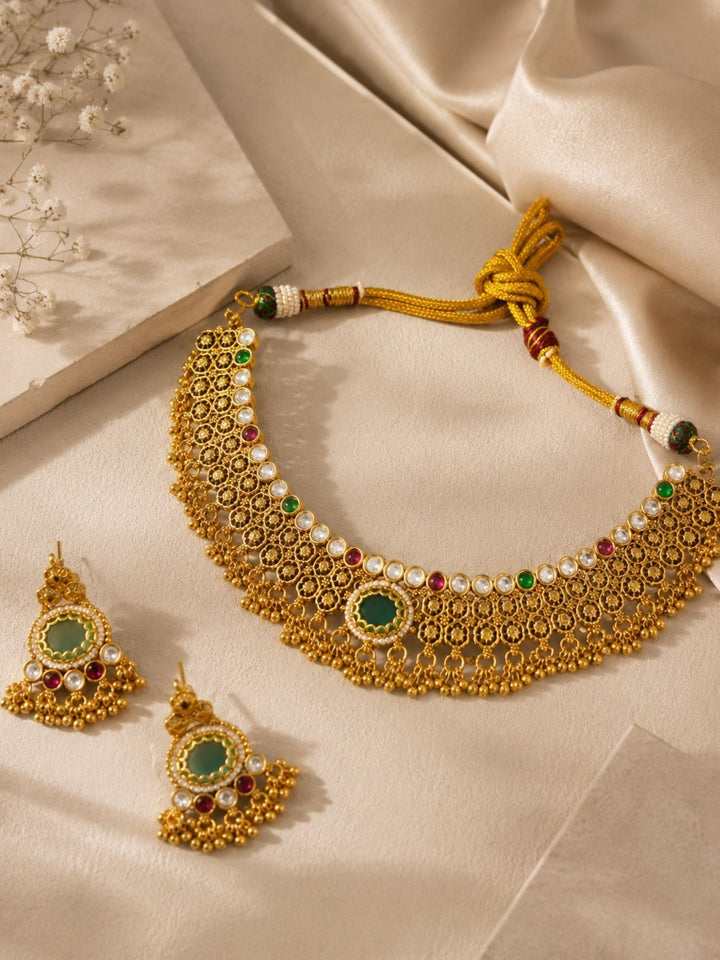 Green Stone Choker Necklace Set in Gold Plating – Bridal | SHOBITAM