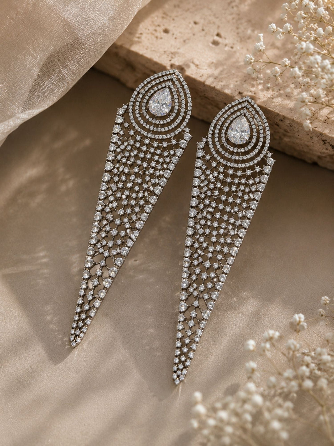Silver CZ Long Statement Earrings – Diamond Look Party Wear | SHOBITAM