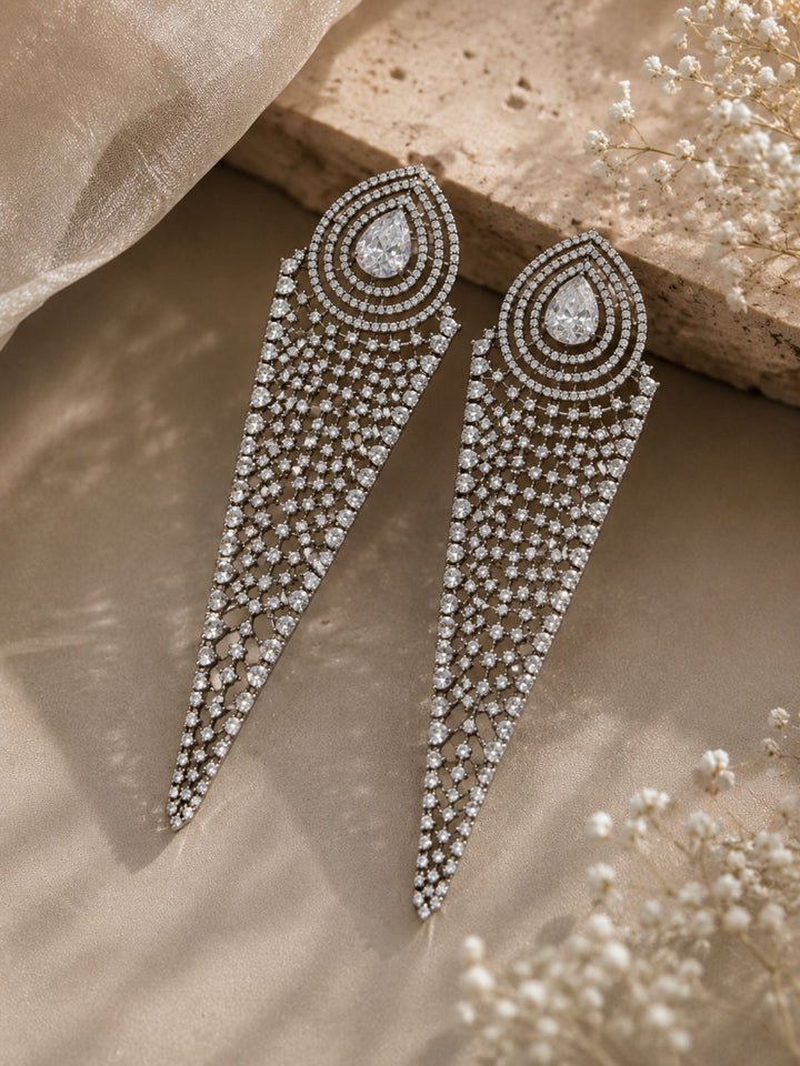 Silver CZ Long Statement Earrings – Diamond Look Party Wear | SHOBITAM