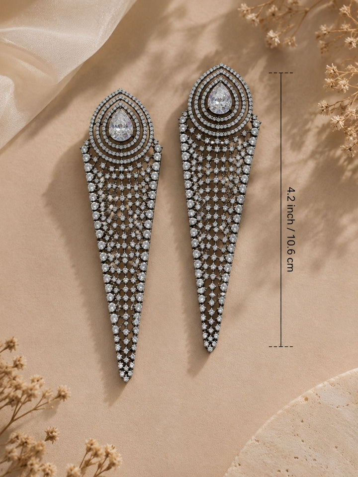 Silver CZ Long Statement Earrings – Diamond Look Party Wear | SHOBITAM