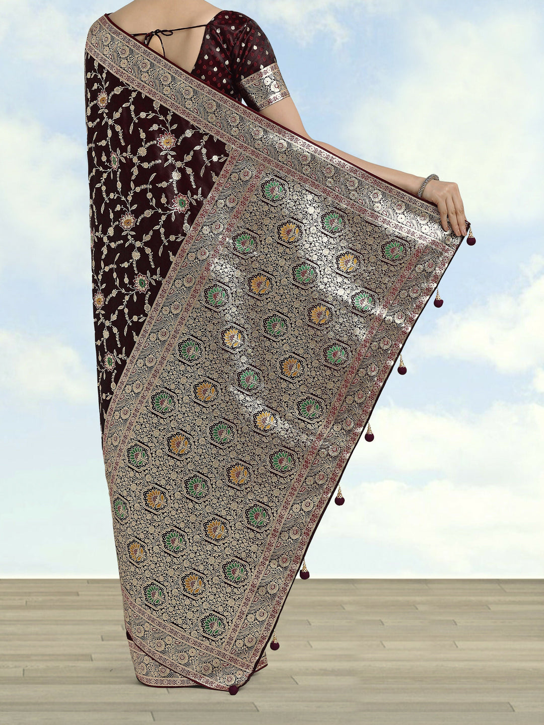 Maroon Zari Woven Banarasi Satin Silk Saree | SHOBITAM