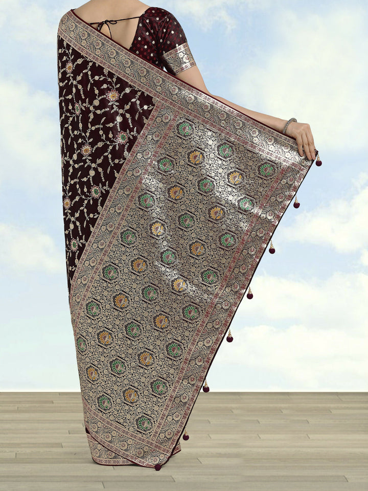 Maroon Zari Woven Banarasi Satin Silk Saree | SHOBITAM