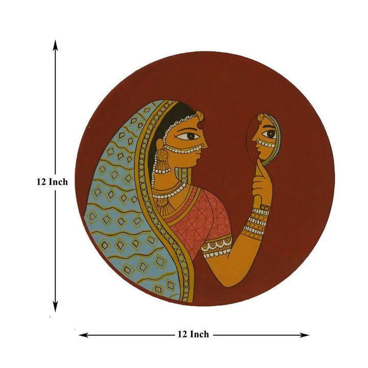 12" Indian Lady with Mirror Round Wooden Wall Plate | SHOBITAM