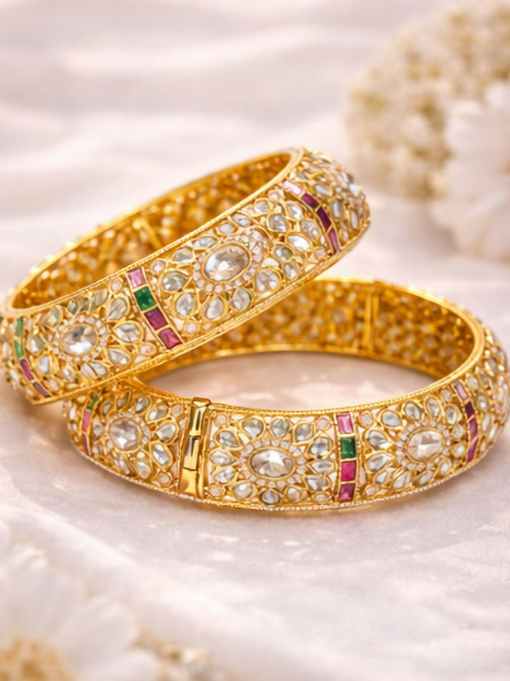 Gold Plated Bridal Floral Moissanite Bangles | SHOBITAM