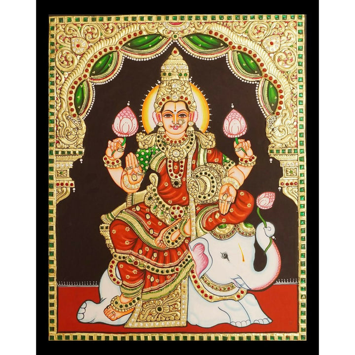16*20 TANJORE PAINTING Lakshmi Seated on an Elephant Authentic With 22 Ct Gold Foil and Jaipur Gemstones,Unframed | SHOBITAM