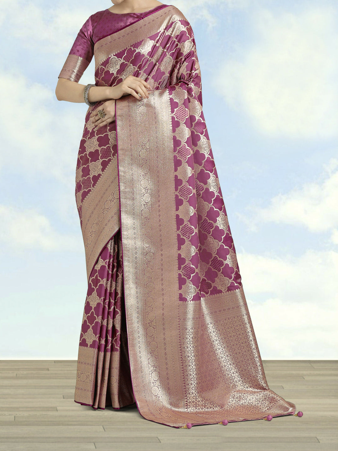 Rose Pink Banarasi Satin Silk Saree | SHOBITAM