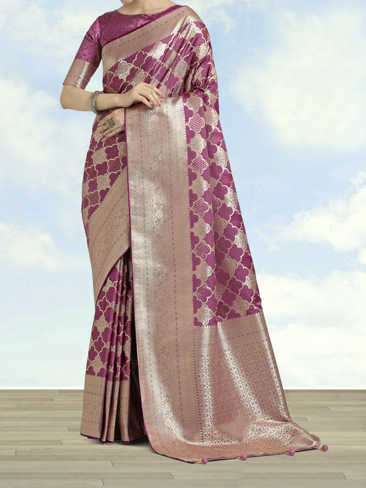 Rose Pink Banarasi Satin Silk Saree | SHOBITAM