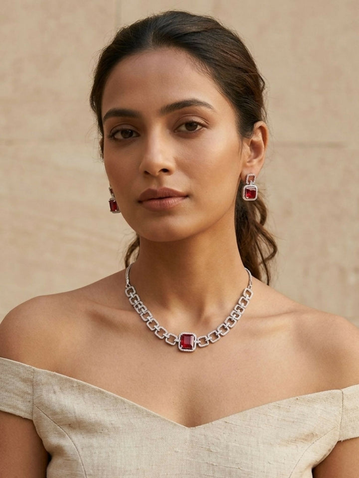 Classic Silver Plated American Diamond Necklace Set | SHOBITAM