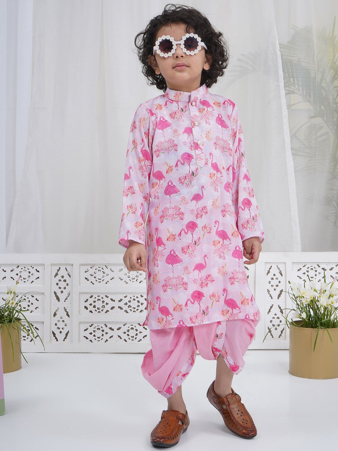 Boys Pink Muslin Flamingo Dhoti Kurta Set | SHOBITAM