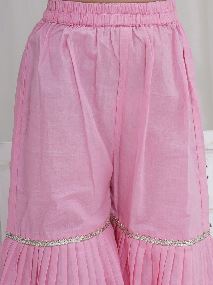 Girls Pink Muslin Flamingo Kurta Sharara Set with Dupatta and Cotton Lining | SHOBITAM