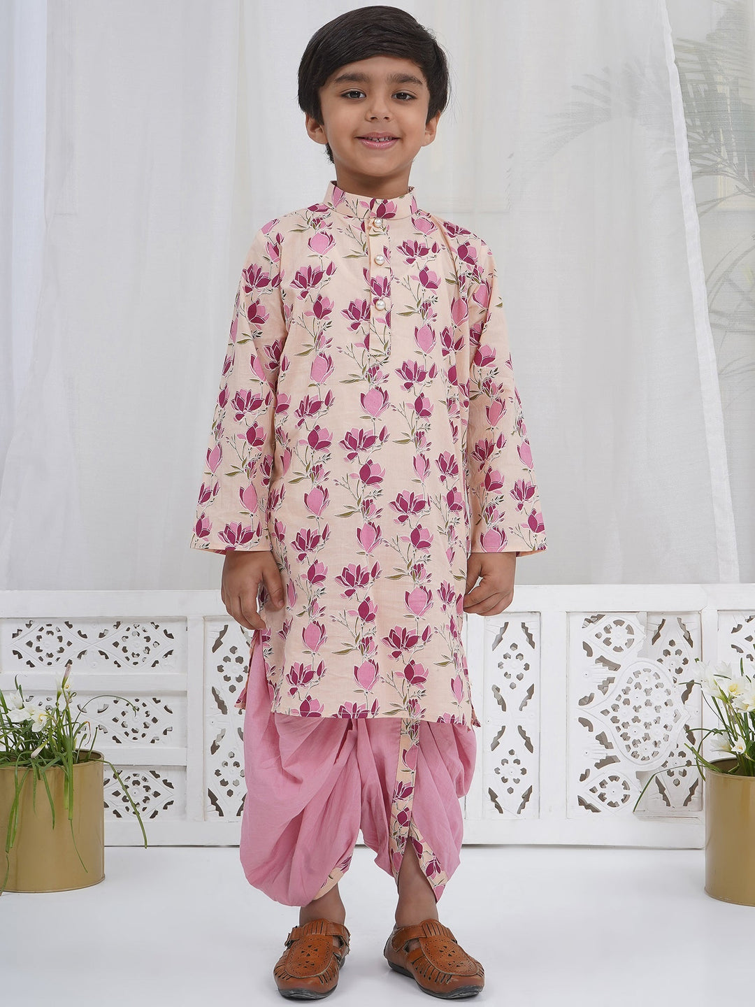 Boys Peach Cotton Lotus Dhoti Kurta Set | SHOBITAM