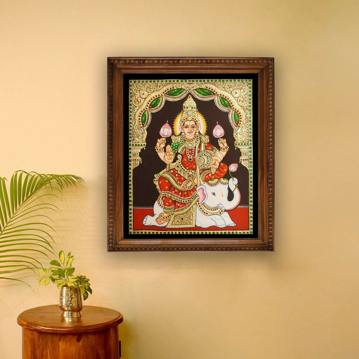 16*20 TANJORE PAINTING Lakshmi Seated on an Elephant Authentic With 22 Ct Gold Foil and Jaipur Gemstones,Unframed | SHOBITAM