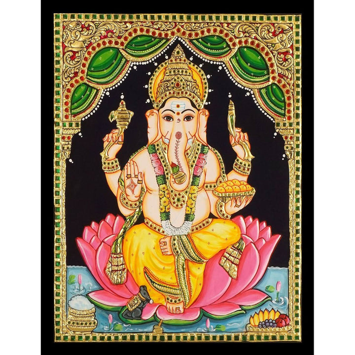 12*15 Authentic TANJORE PAINTING LOTUS GANESHA With 22 Ct gold Foil and Jaipur Gemstones,Unframed | SHOBITAM
