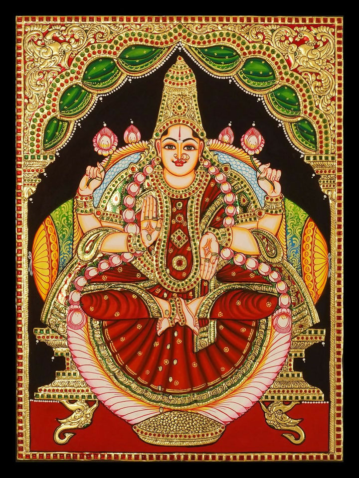 18*24 Authentic TANJORE PAINTING DHANA LAKSHMI With 22 Ct gold Foil and Jaipur Gemstones,Unframed | SHOBITAM