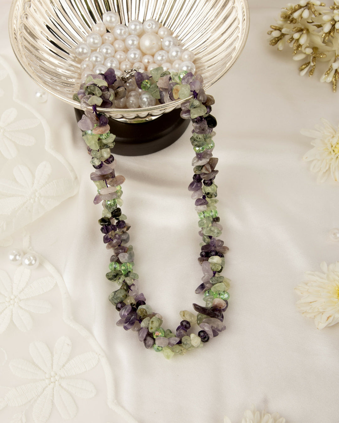 Lavanya Lehar- Natural Fluorite & Amethyst Mala with Crystals | SHOBITAM