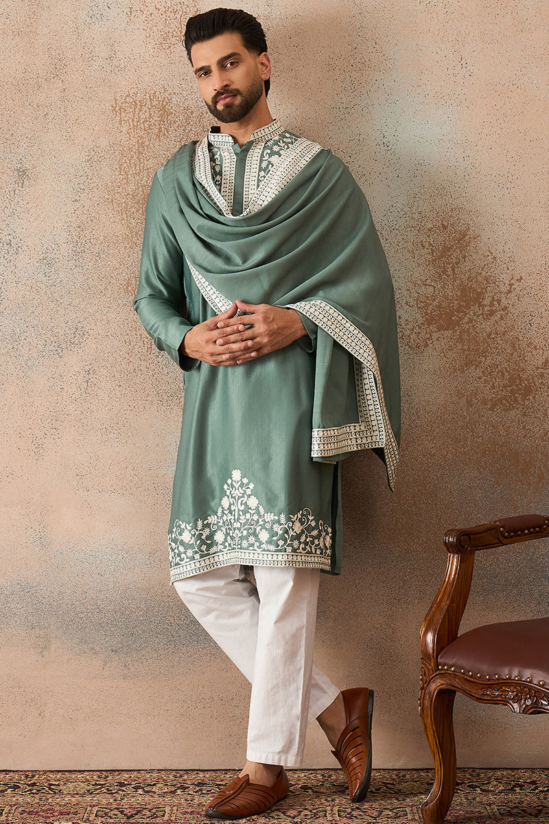 Mens Green Silk Blend Solid Embroidered Kurta Trouser With Dupatta | SHOBITAM