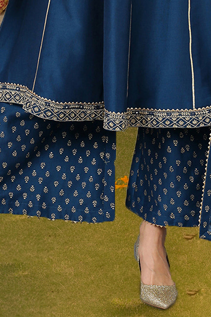 Teal Blue Silk Blend Ethnic Motifs Anarkali Suit Set | SHOBITAM