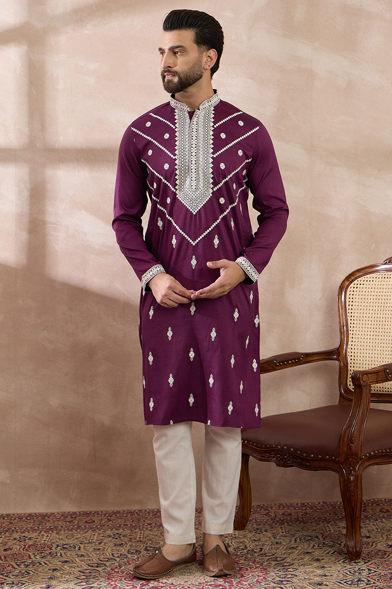 Purple Silk Embroidered Mandarin Collar Straight Kurta | SHOBITAM