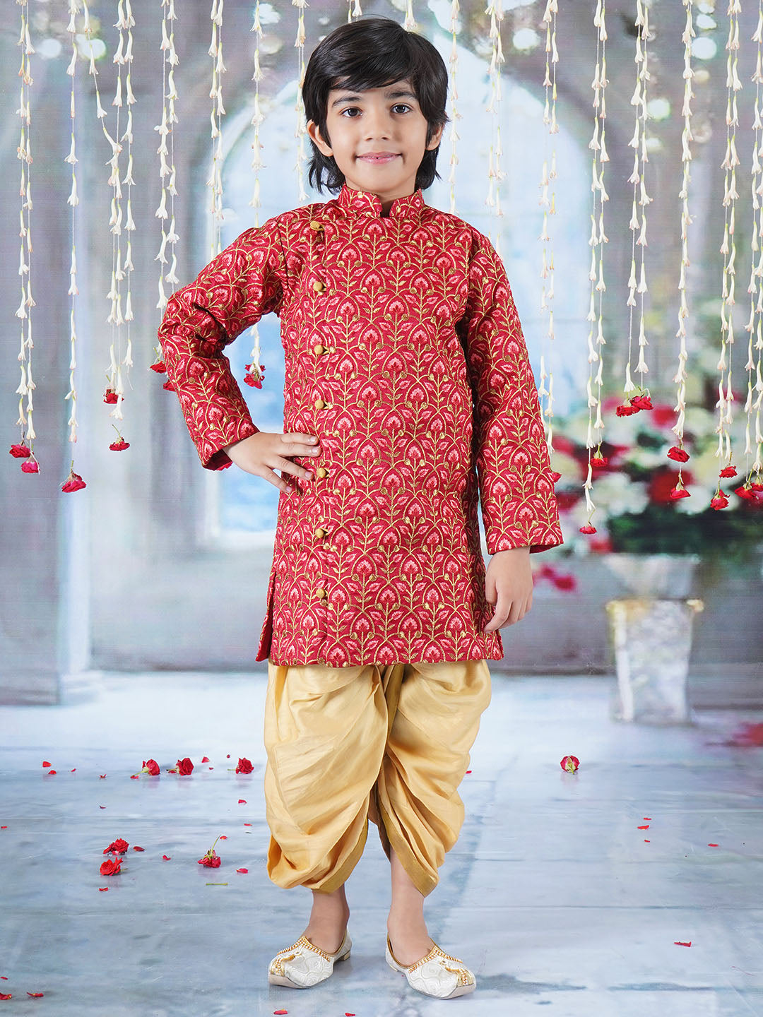 Boys Bageecha Floral Thread work Angrakha Sherwani with Beige Silk Dhoti in Cherry Red | SHOBITAM