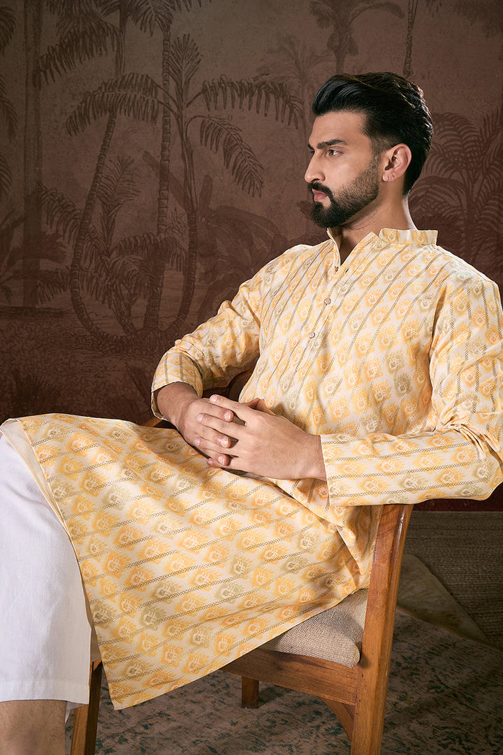 White Silk Blend Ethnic Motifs Printed Straight Kurta For Men | SHOBITAM