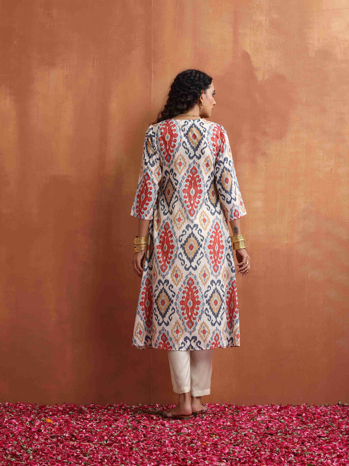 Off White Ikat Print Kurta Set  | SHOBITAM