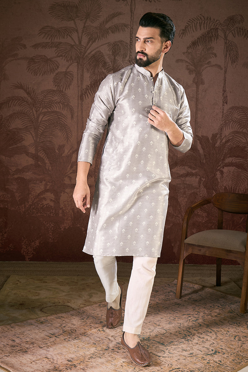 Grey Silk Blend Floral Printed Straight Kurta With Trouser | SHOBITAM