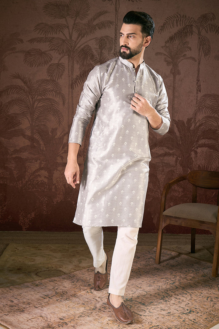 Grey Silk Blend Floral Printed Straight Kurta With Trouser | SHOBITAM