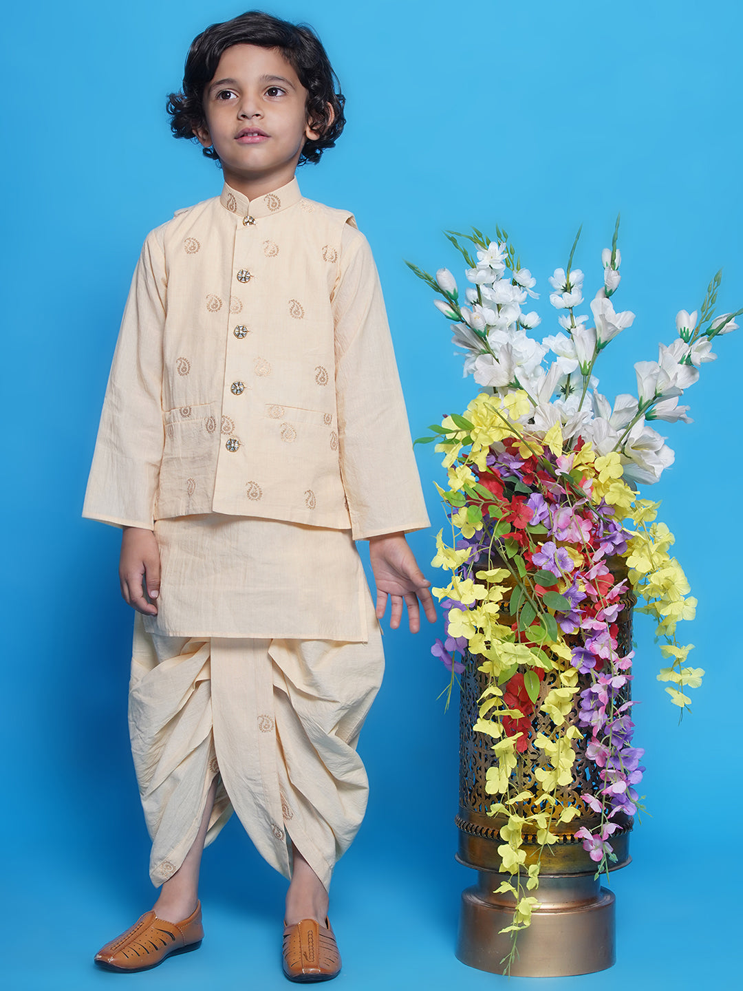 Boys Cotton Sleevelees Golden Ambi Embrodiery Nehru Jacket with Kurta and Dhoti - Seashell Cream | SHOBITAM