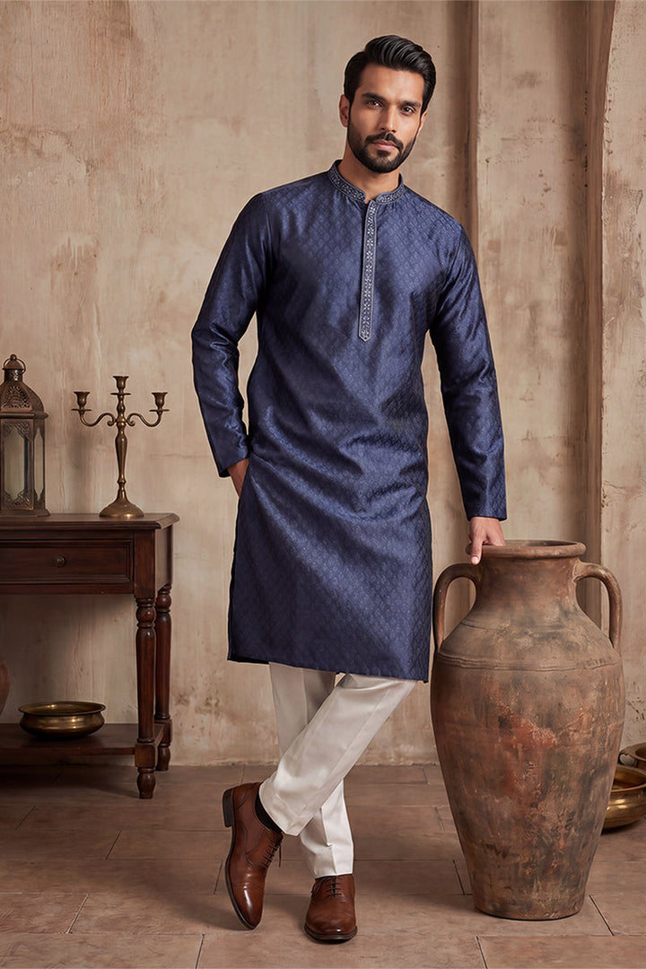 Mens Blue Jacquard Woven Design Straight Kurta With Trouser | SHOBITAM