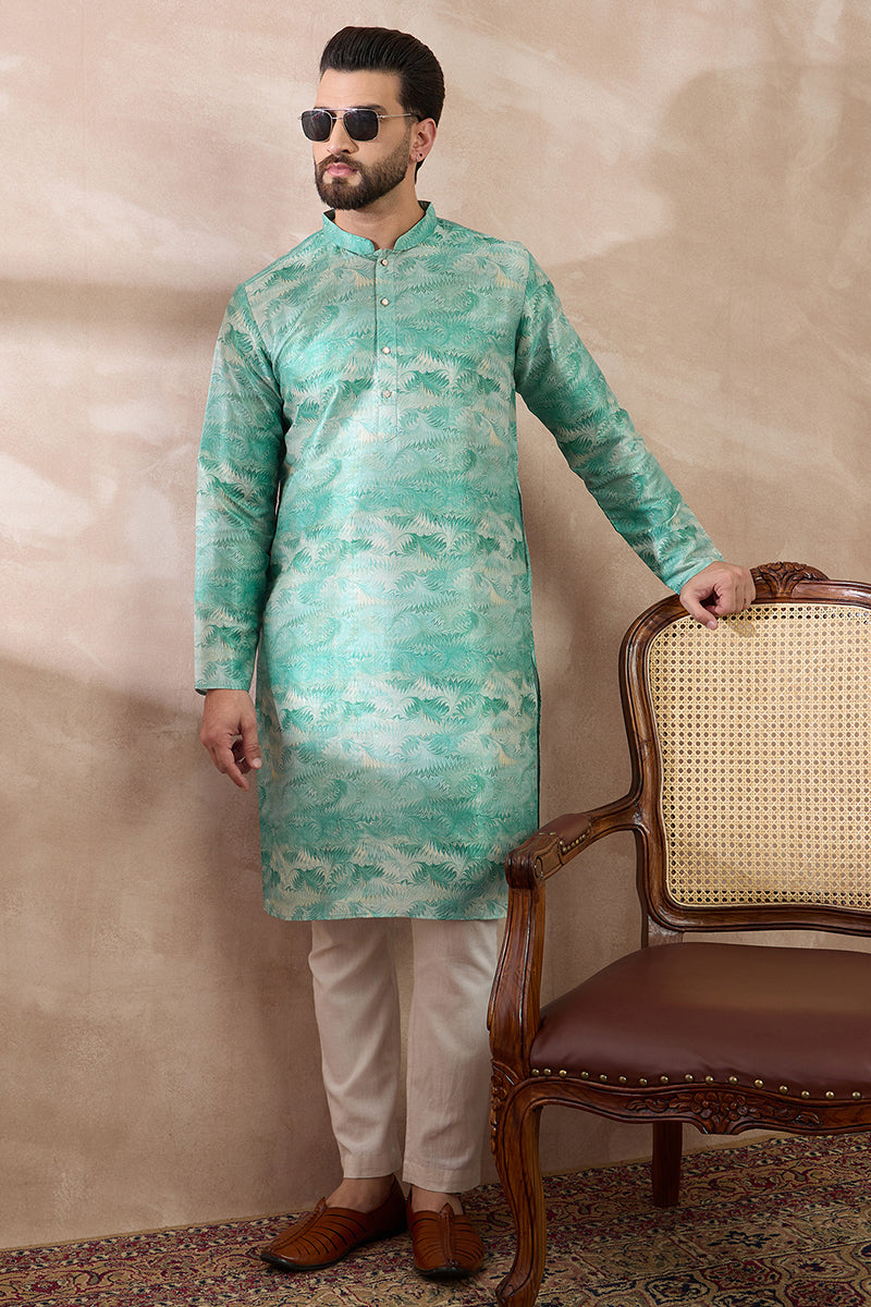 Green Silk Blend Printed Mandarin Collar Straight Kurta With Trouser | SHOBITAM